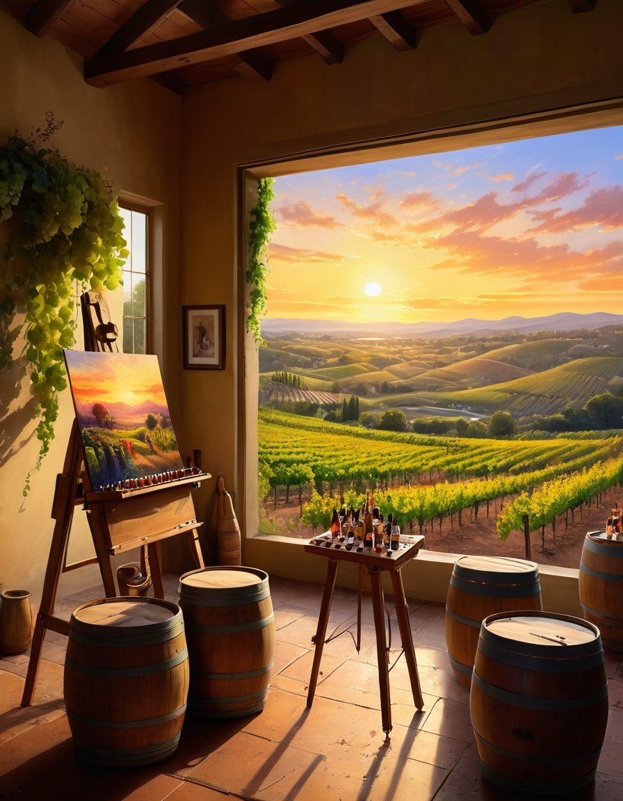 A stunning vineyard landscape seamlessly blending into a vibrant artist's studio, where wine barrels double as easels and paint splatters mimic grape juice. In the foreground, an artist skillfully painting a landscape inspired by the vines, surrounded by colorful wine bottles and brushes. The sun setting over rolling hills casts warm golden light that enhances the colors. super-realistic. vibrant colors. painterly touch.