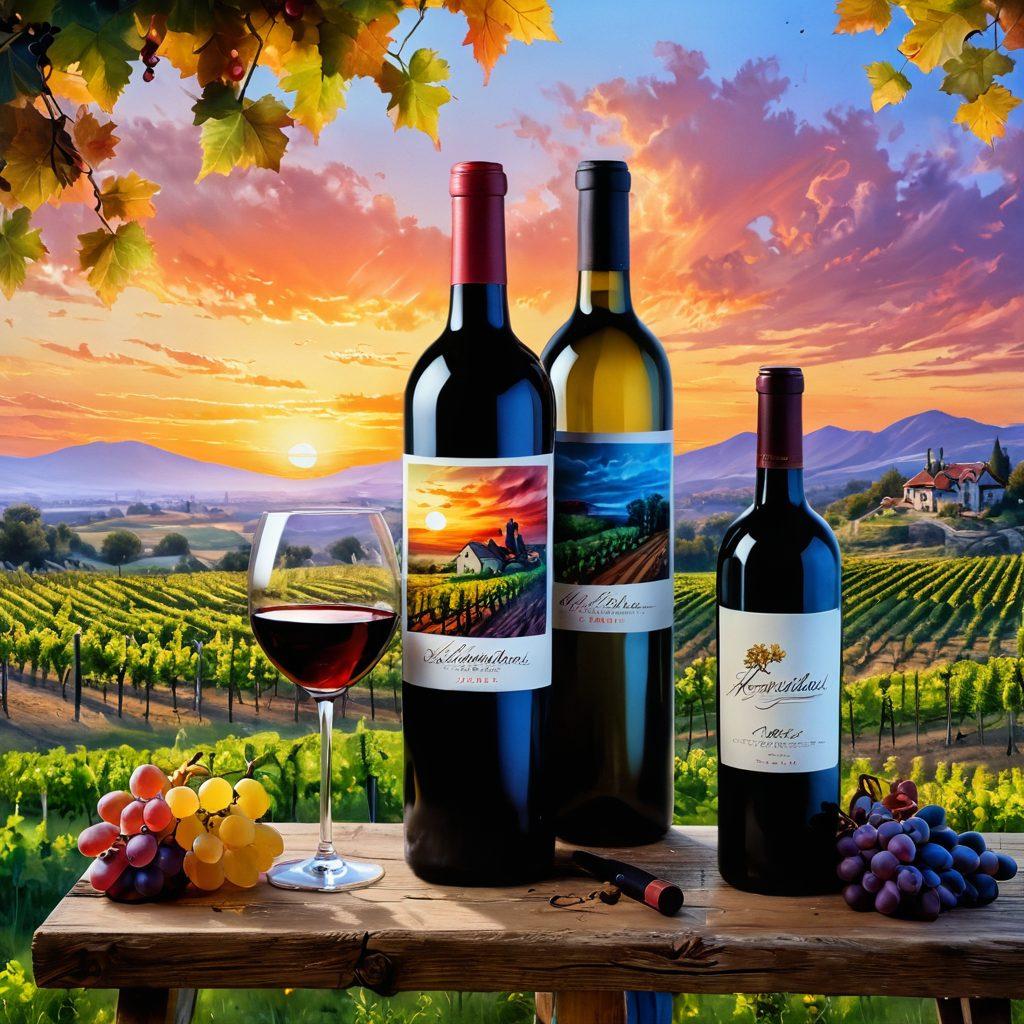 A harmonious blend of a vineyard with colorful paint splashes cascading from wine bottles, symbolizing creativity. An artist's easel could be nestled among the grapevines, with a vibrant sunset in the background. The scene should evoke a sense of freedom and inspiration, featuring whimsical artistic tools scattered around. Include vibrant colors and a touch of surrealism to enhance the emotional connection to art and winemaking. super-realistic. vibrant colors. surrealistic elements.