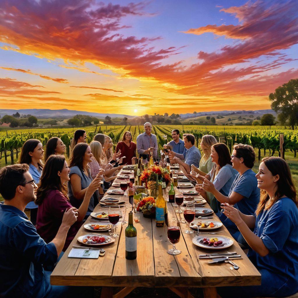 A vibrant scene of artists and artisans gathering around a large wooden table, celebrating with wine glasses raised high. The table is adorned with colorful paint palettes, wine bottles, and various artistic tools. In the background, a rustic vineyard glows under a sunset sky, symbolizing unity and creativity. Include a diverse group of people sharing laughter and inspiration. super-realistic. warm colors. outdoor setting.